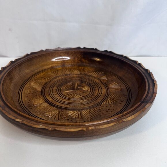 Hand Carved Decorative Wooden Shallow Bowl Folk Art Wall Decor Boho Bread Plate - Picture 7 of 10